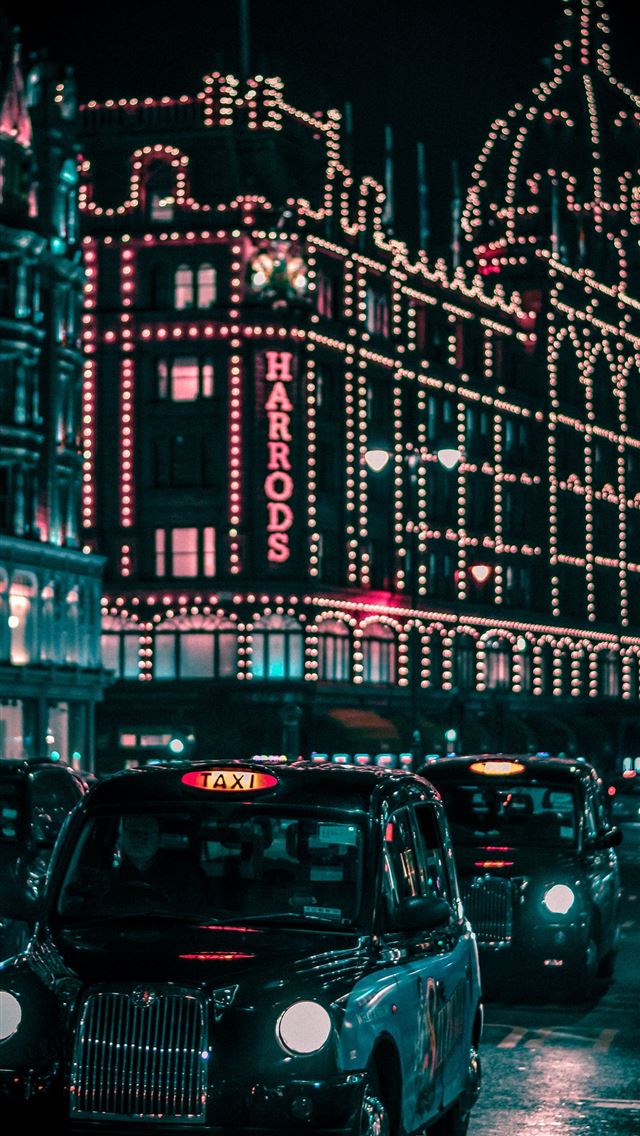 640x1136 black taxi in the street passing trough Harrods Ma... - london iPhone Wallpaper