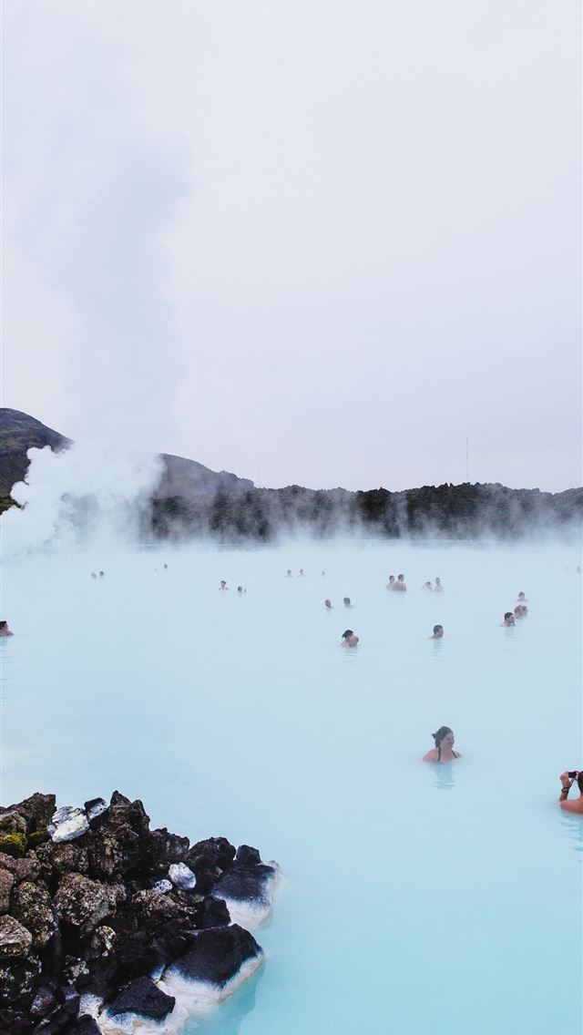 640x1136 people swimming on hot spring near mountain during... - lake iPhone Wallpaper