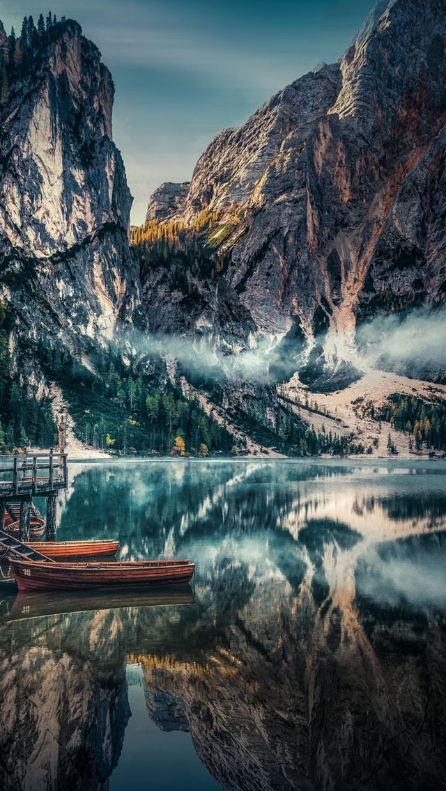 1284x2778 lake boats pier mountains reflections nature samsu... - lake iPhone Wallpaper