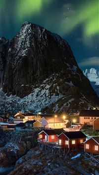 Lofoten Norway Village Aurora Northern Lights 4k S... wallpaper