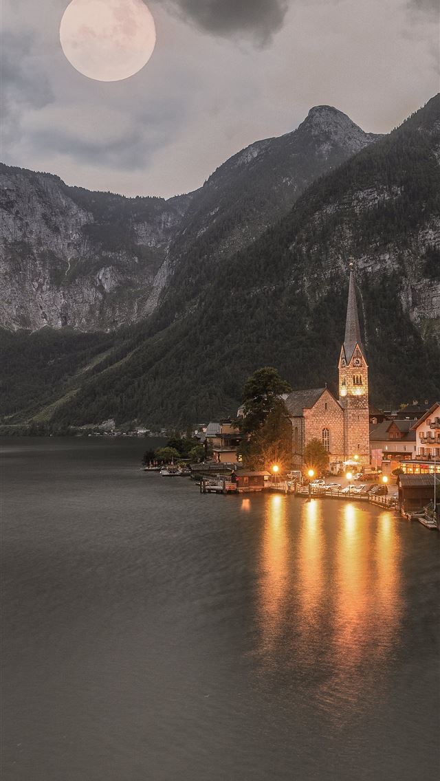 1284x2778 temple mountains lake lighting hallstatt austria h... - austria iPhone Wallpaper