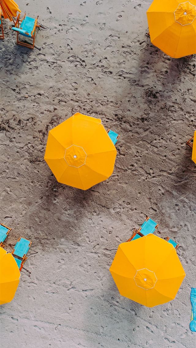 1284x2778 five yellow umbrellas on sand at daytime - yellow iPhone Wallpaper