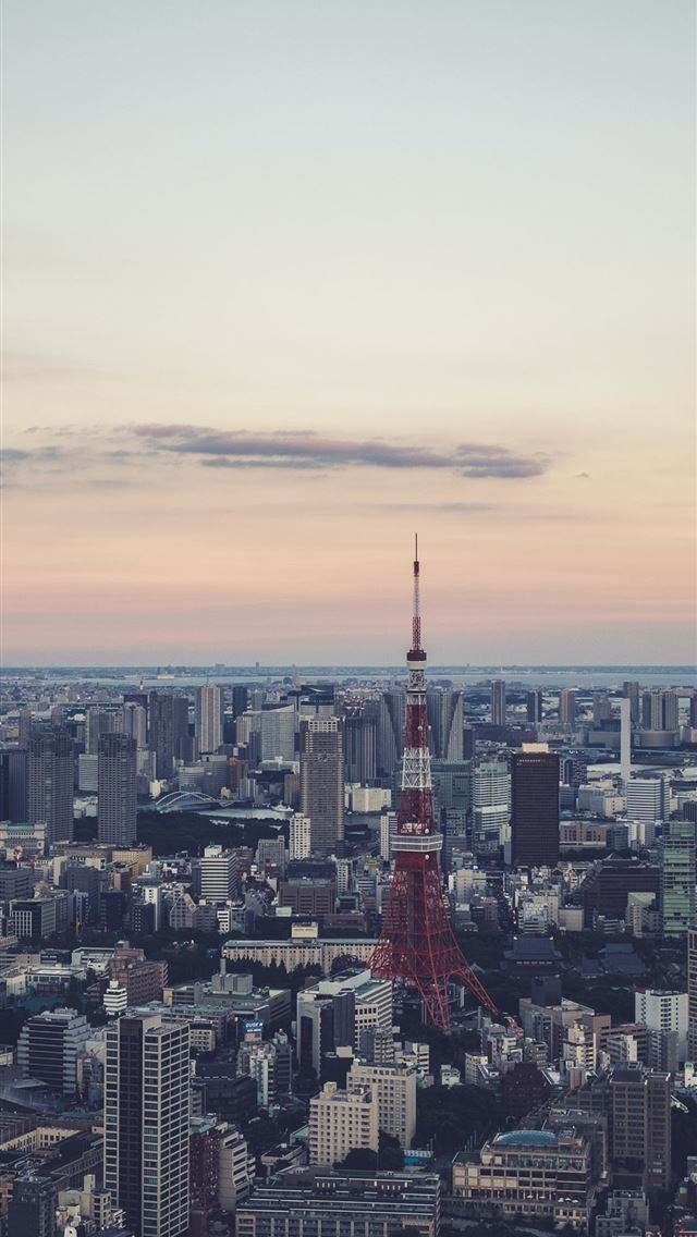 1125x2436 red tower with buildings - sunset iPhone Wallpaper