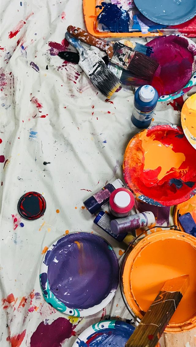 1284x2778 assorted color paints and paintbrushes on white ta... - usa iPhone Wallpaper
