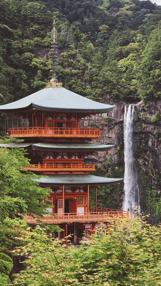 1284x2778 orange and gray pagoda - waterfall iPhone Wallpaper