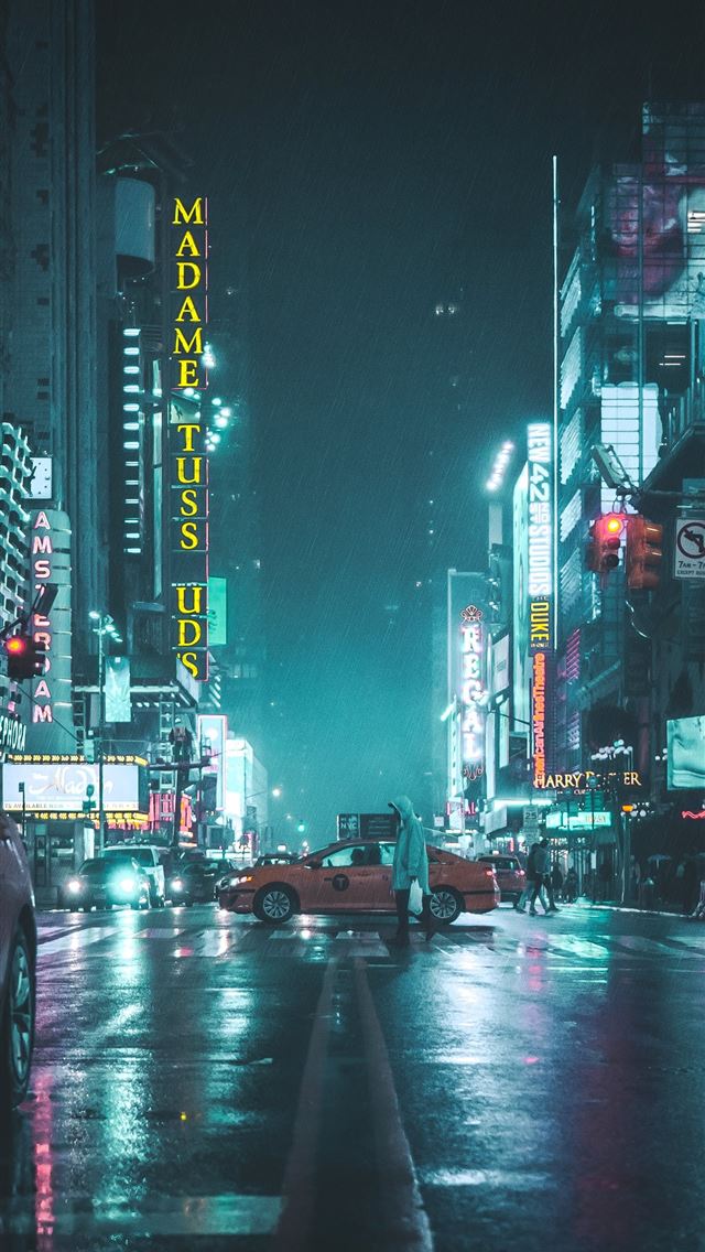 1284x2778 person in grey raincoat and orange car crossing th... - road iPhone Wallpaper