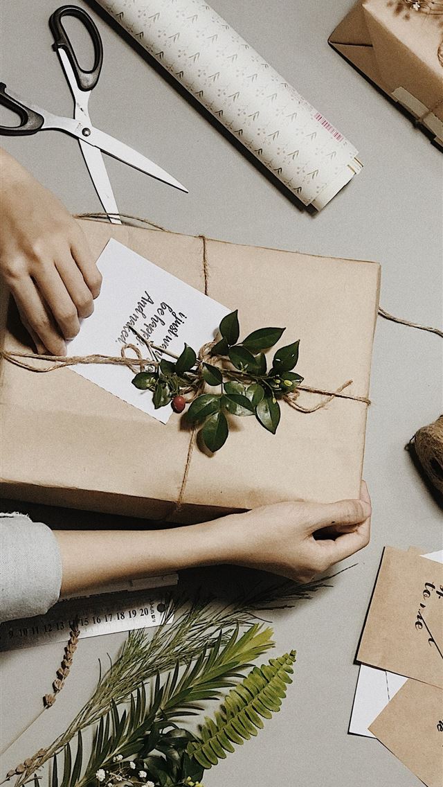 1284x2778 brown box beside leaves scissors and yarn - ho chi minh city iPhone Wallpaper