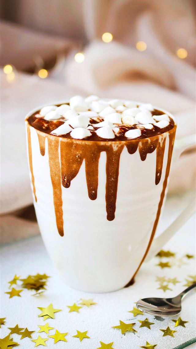 1284x2778 white mug with brown liquid topped with marshmallo... - coffee iPhone Wallpaper