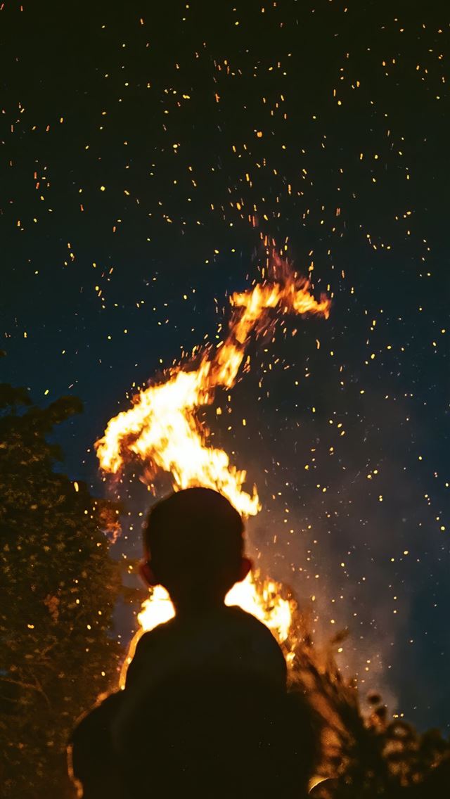 1125x2436 silhouette of people looking on fire under starry ... -  iPhone Wallpaper