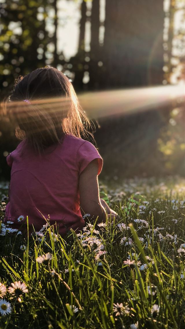 1284x2778 girl sitting on daisy flowerbed in forest - sunshine iPhone Wallpaper