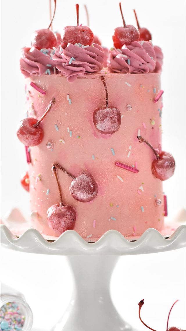 1284x2778 pink cherry cake on white footed cake tray - birthday iPhone Wallpaper