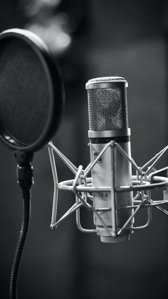 1284x2778 grayscale photo of condenser microphone beside pop... - music iPhone Wallpaper