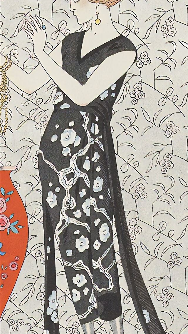 1242x2688 black and white floral long sleeve dress - illustration iPhone Wallpaper