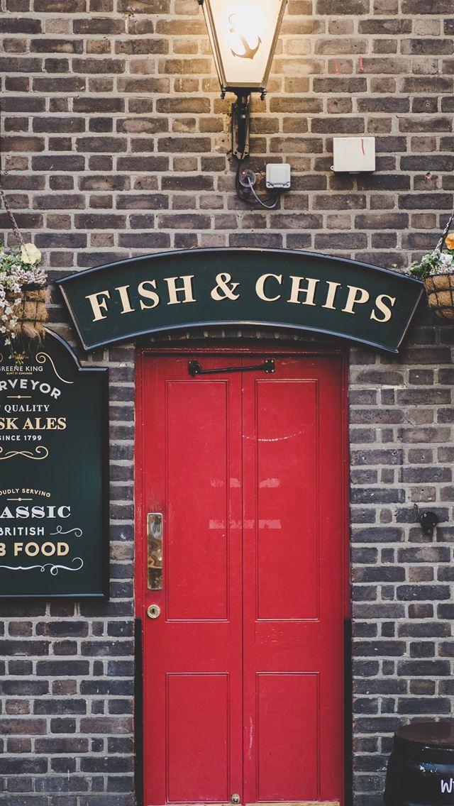 1284x2778 Fish Chips signage over red door - united kingdom iPhone Wallpaper