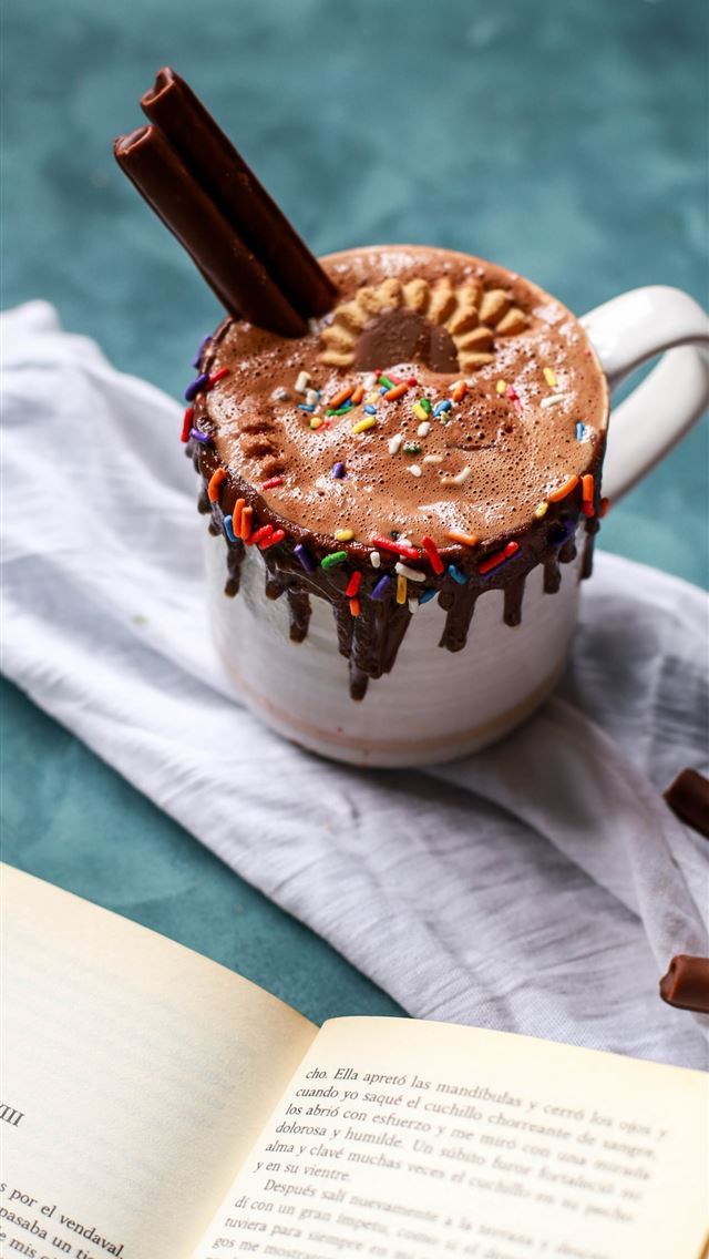 1284x2778 closeup photo of white mug full of chocolate drink... - book iPhone Wallpaper
