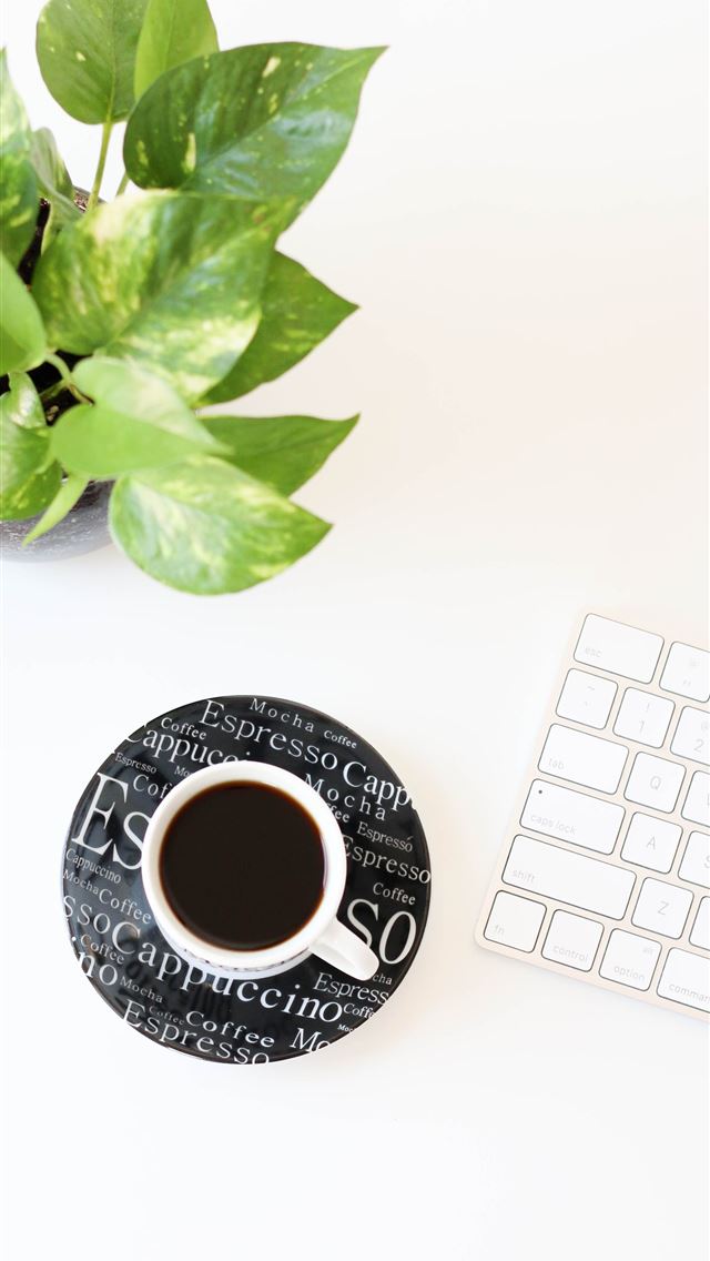 1290x2796 black liquid in white ceramic cup beside keyboard - keyboard iPhone Wallpaper