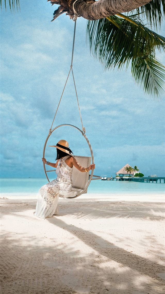 1290x2796 woman in white dress sitting on swing - beach iPhone Wallpaper