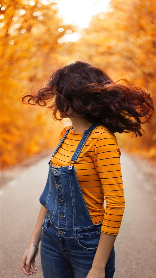 1290x2796 woman wearing blue overalls - autumn iPhone Wallpaper