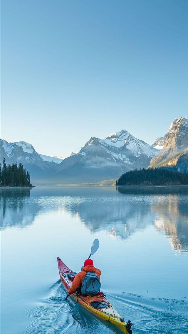 1290x2796 mountains snow canoes water reflection -  iphone 14 Wallpaper