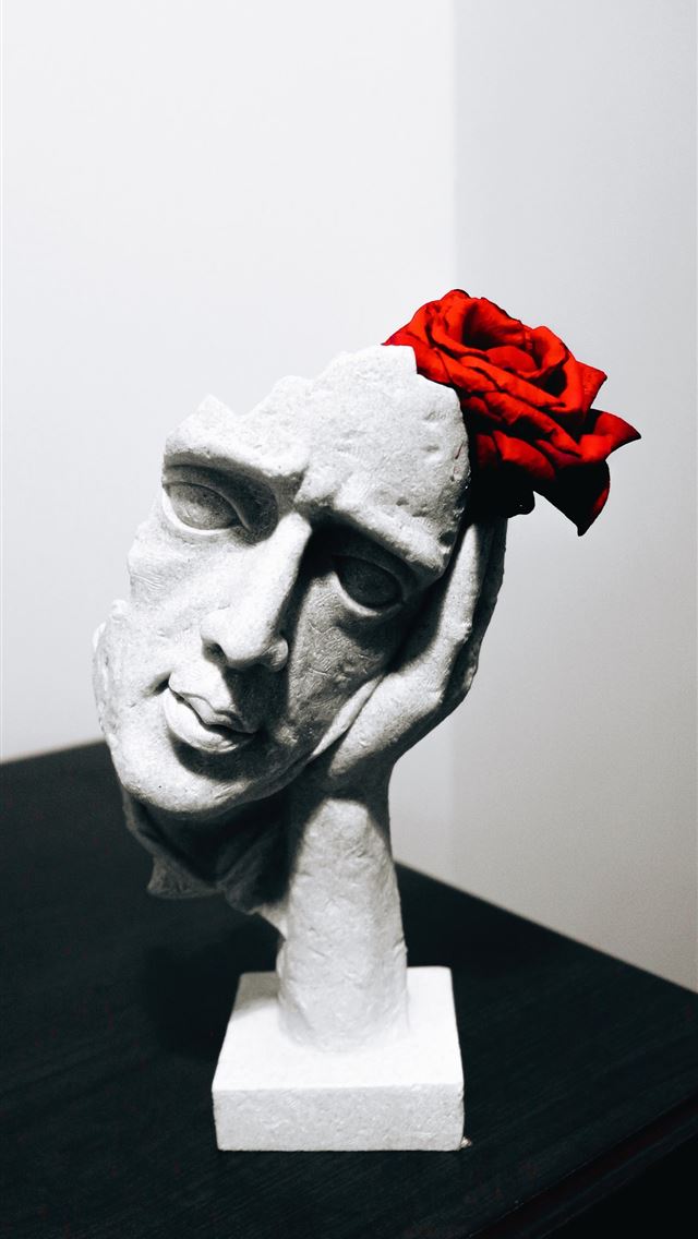 1290x2796 grey ceramic woman's face with red rose figurine - art iPhone Wallpaper