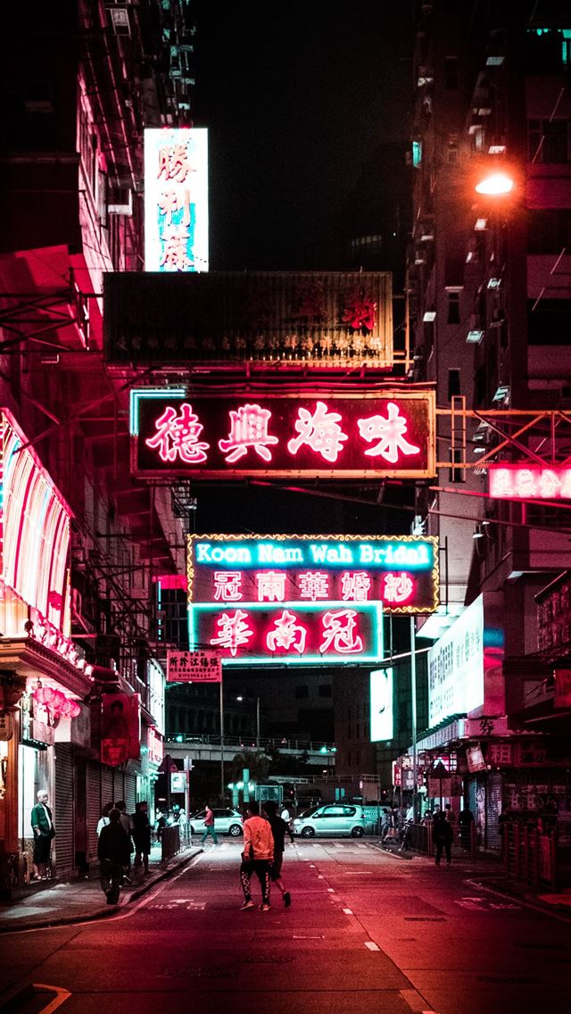 1290x2796 street at night time - neon iPhone Wallpaper
