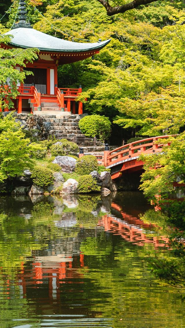 1290x2796 red temple near body of water - japan iPhone Wallpaper