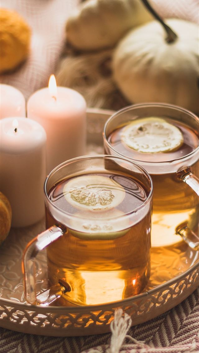 1290x2796 white pillar candle beside clear glass mug with br... - autumn iPhone Wallpaper