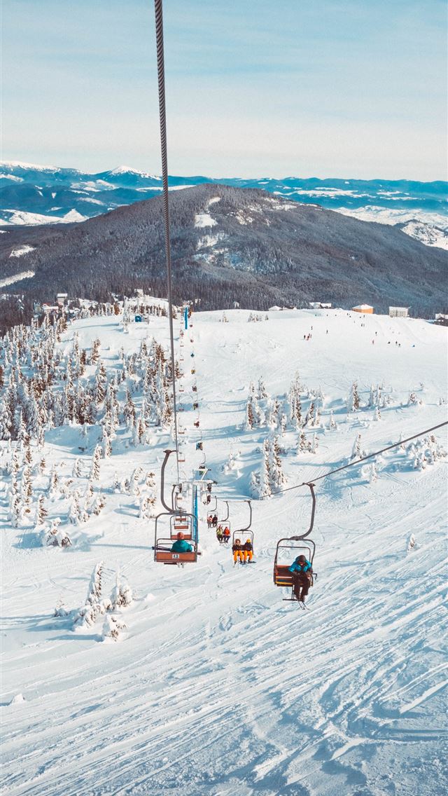 1290x2796 people riding in cable cart on winter season - winter iPhone Wallpaper