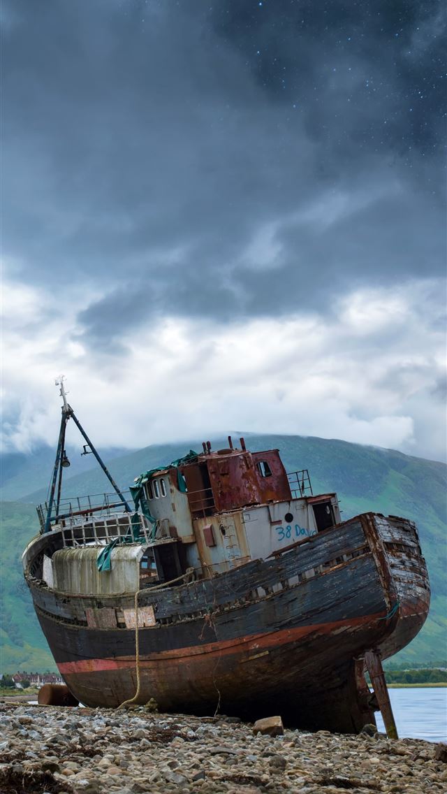 1290x2796 black and red ship on shore - boat iPhone Wallpaper