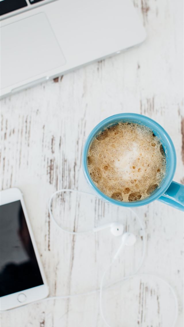 1290x2796 flat lay photography of coffee in blue mug near Ap... -  iphone 14 Wallpaper