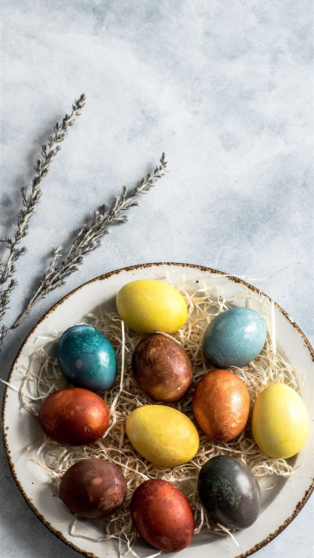 1290x2796 assorted color eggs on white ceramic tray - spring iPhone Wallpaper
