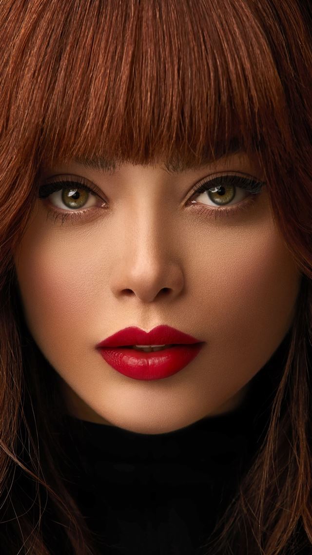 1290x2796 woman with red hair and black lipstick - shiny iPhone Wallpaper