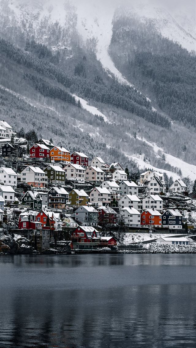 1290x2796 houses near body of water and snow covered mountai... -  iphone 14 Wallpaper