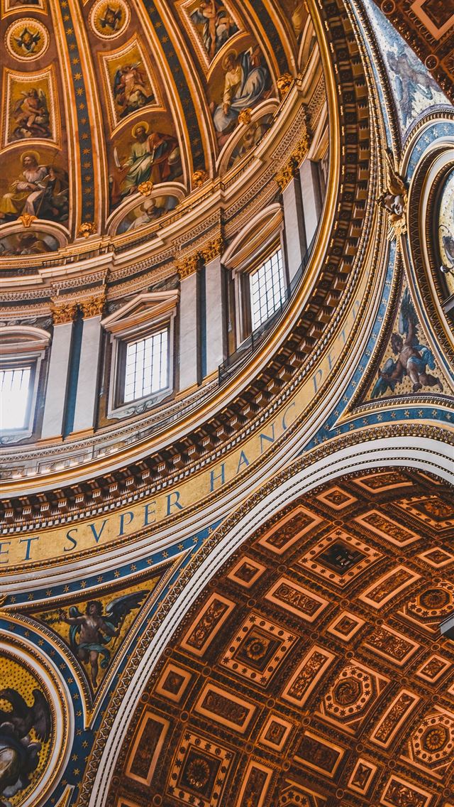 1290x2796 the ceiling of a building with a clock and paintin... -  iPhone Wallpaper