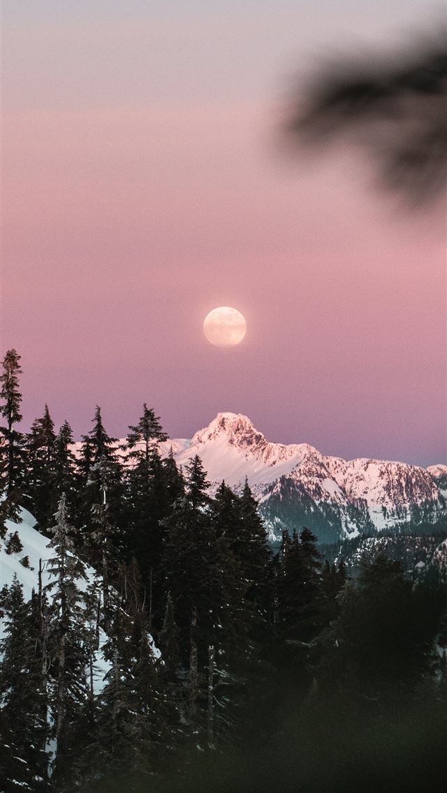 1290x2796 the sun is setting over a snowy mountain - trees iPhone Wallpaper