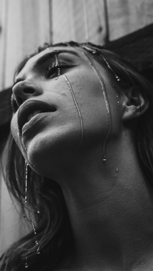 1290x2796 grayscale photo of wet woman - quotes iPhone Wallpaper