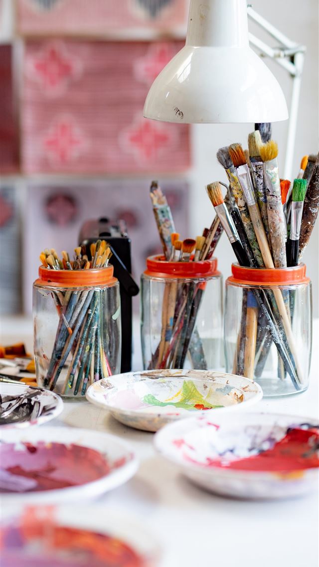1290x2796 white ceramic plate with paint brushes and paint b... - colors iPhone Wallpaper