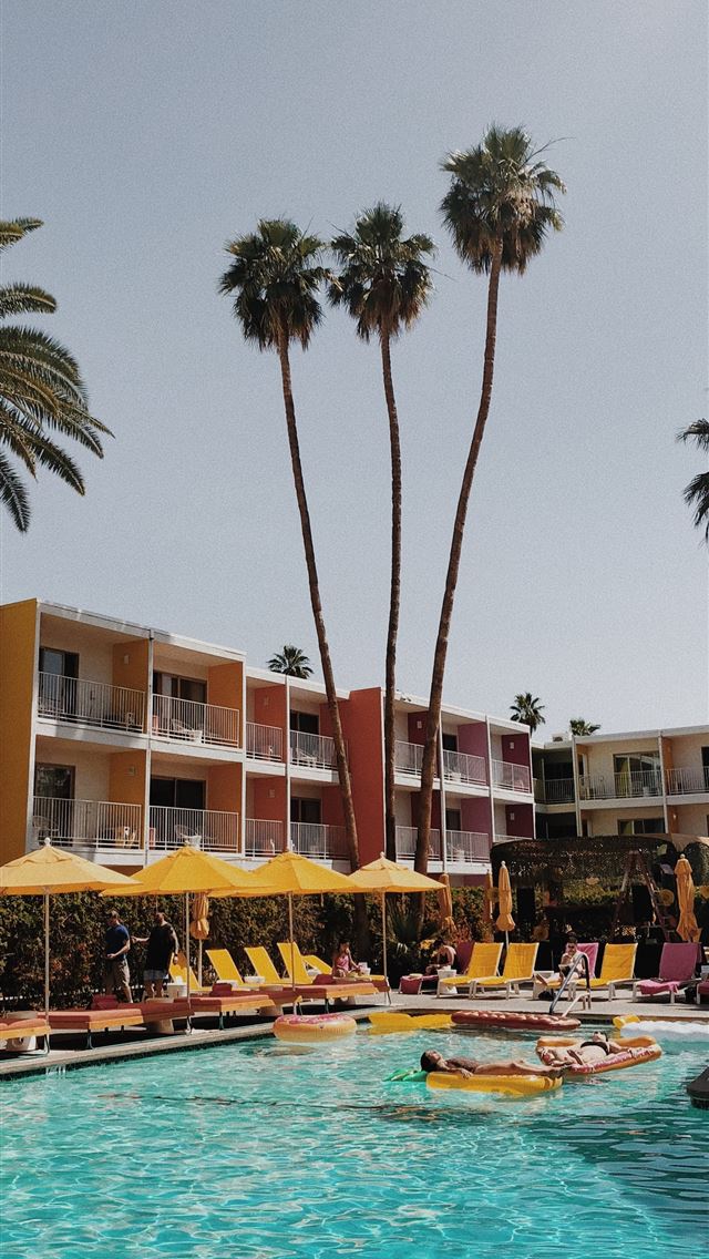1290x2796 palm trees near pool and building - summer iPhone Wallpaper