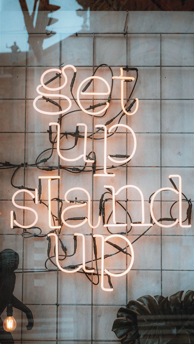 1290x2796 a neon sign that says set up a stand up -  iphone 14 Wallpaper
