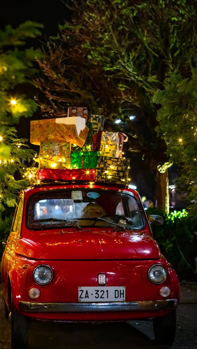 1290x2796 classic red FIAT 500 with christmas boxes on top - red iPhone Wallpaper