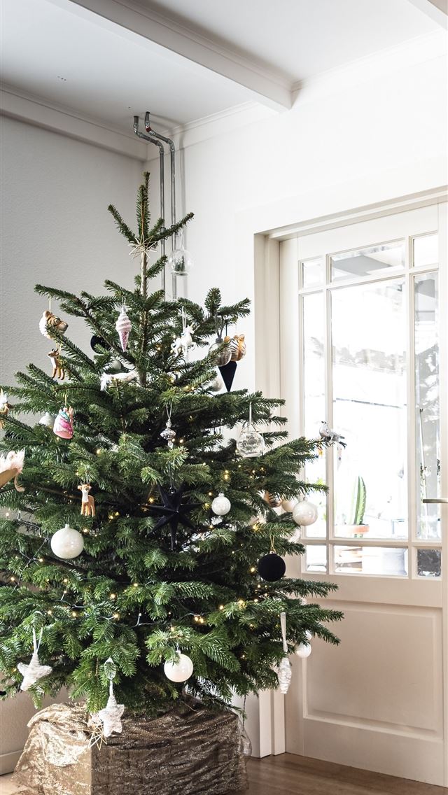 1290x2796 green christmas tree with baubles near white woode... -  iphone 15 Wallpaper
