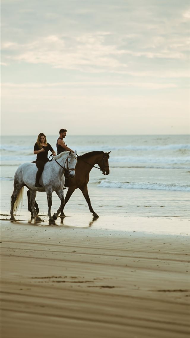1242x2688 man and woman riding on horse near seashore - drawn iPhone Wallpaper