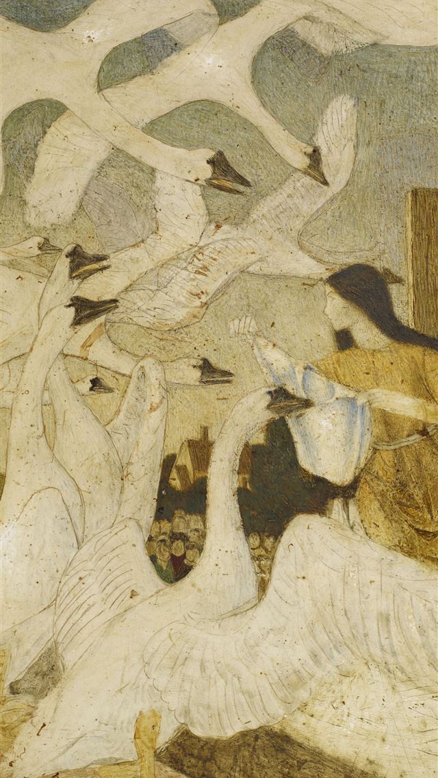 1290x2796 woman and white swans painting -  iphone 15 Wallpaper