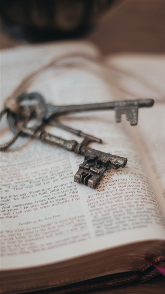 1290x2796 silver skeleton key on book page - bible iPhone Wallpaper