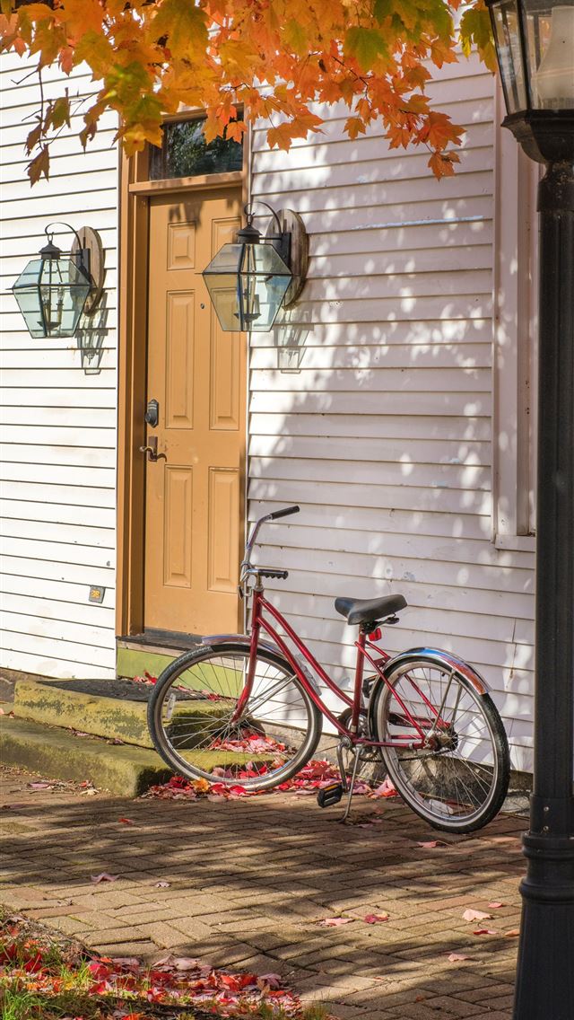 1290x2796 red bike beside house - tree iPhone Wallpaper