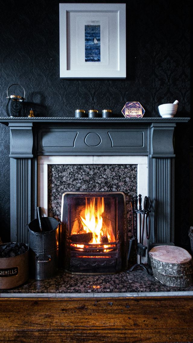 1290x2796 black fireplace with brown wooden frame - tree iPhone Wallpaper