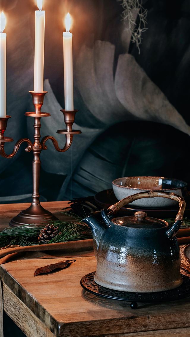 1290x2796 blue ceramic teapot on brown wooden table - holidays iPhone Wallpaper