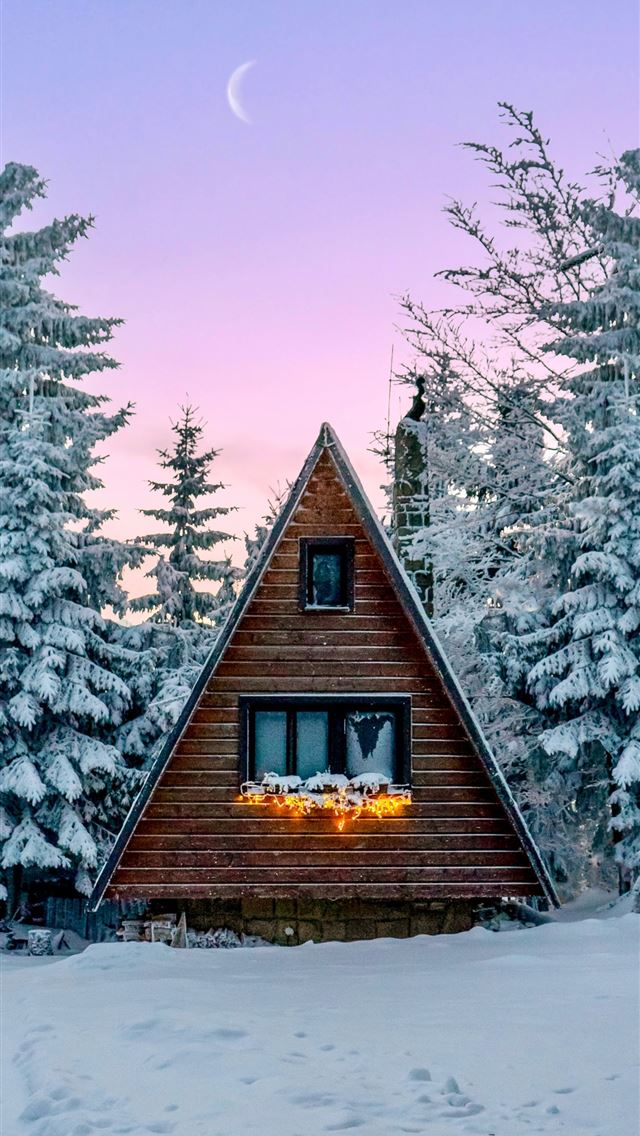 1290x2796 a small cabin in the middle of a snowy forest - sky iPhone Wallpaper