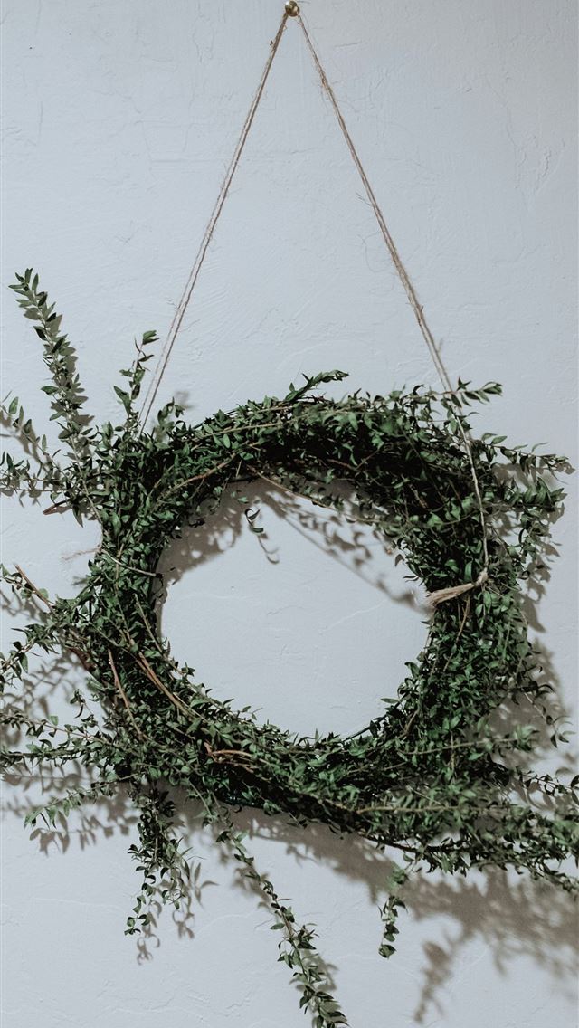 1290x2796 green leafed wreath on wall - green iPhone Wallpaper