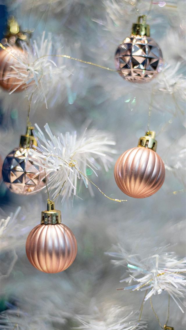 1290x2796 gold and silver baubles on white christmas tree - love iPhone Wallpaper